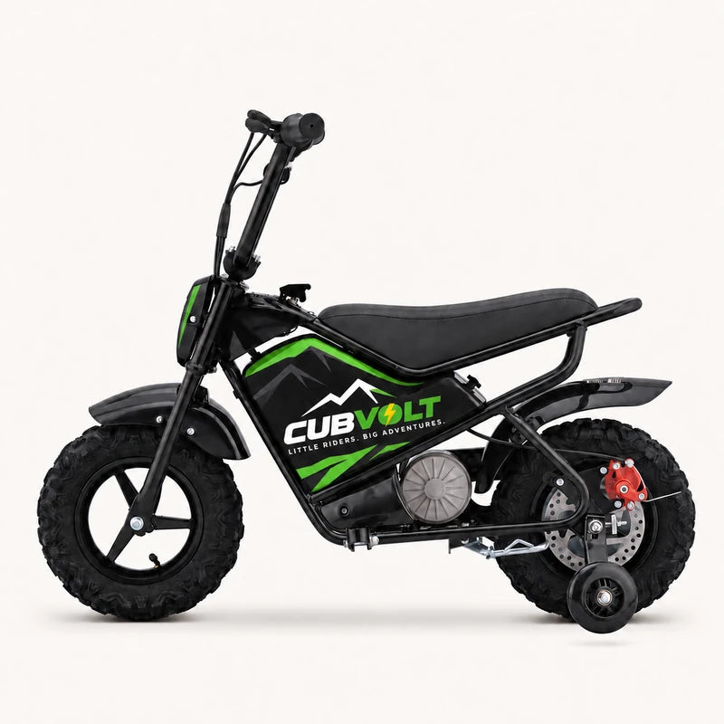 CubVolt One electric mini bike in black and green