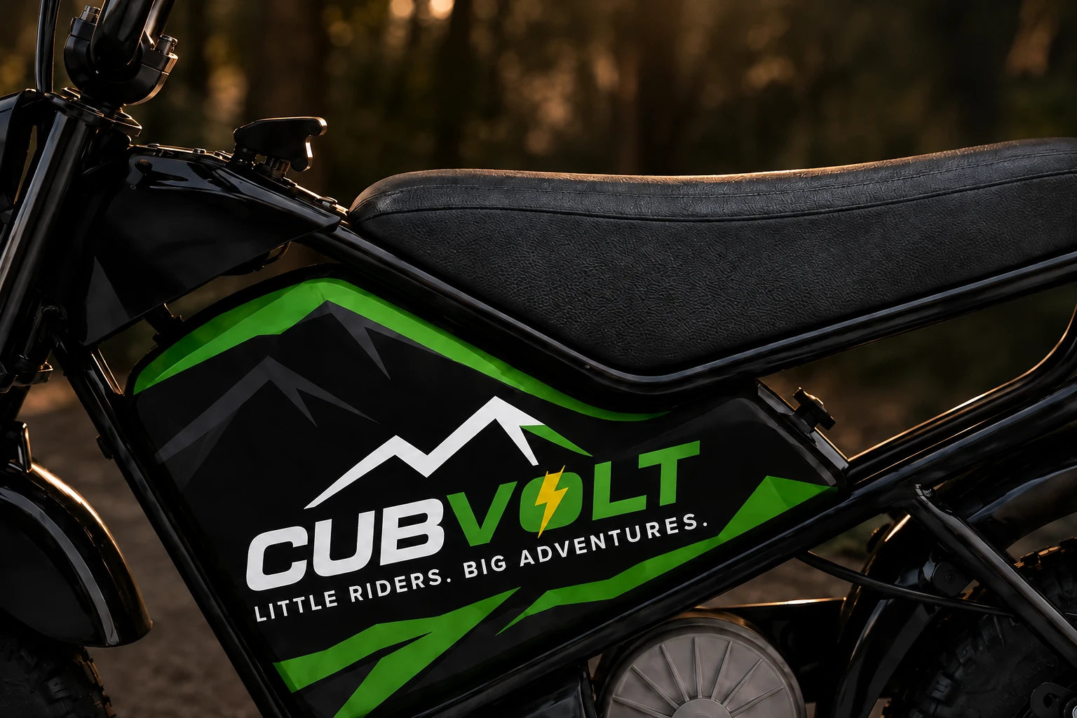 Close-up of the CubVolt One side panel, black seat and steel frame